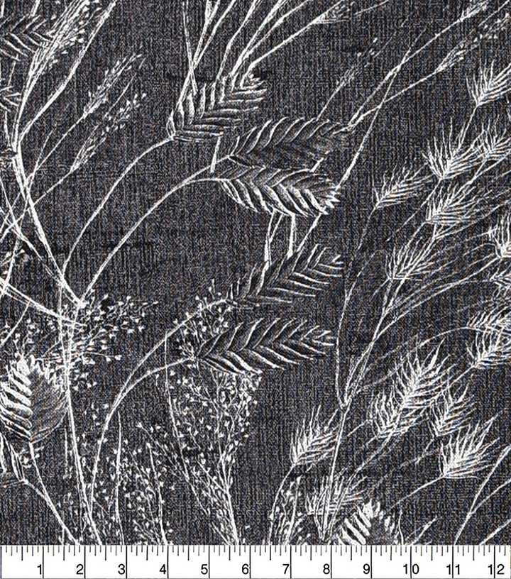Gray Feathery Plants on Black Quilt Cotton Fabric by Keepsake Calico