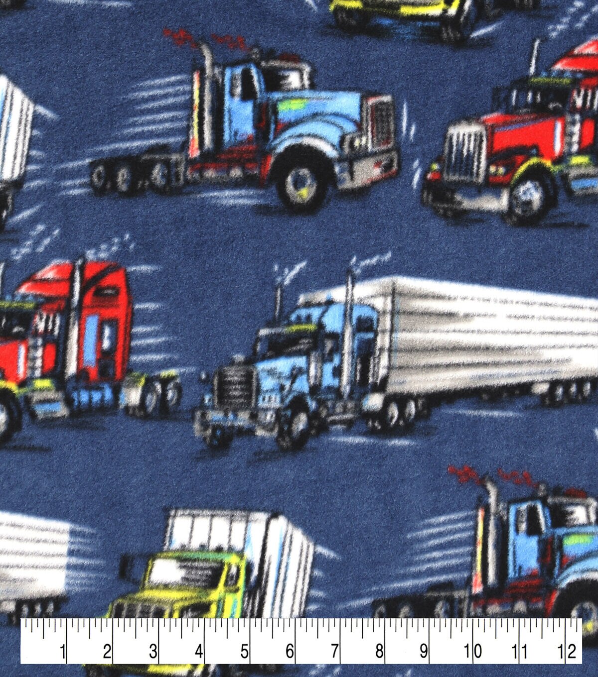 Speeding Semi Trucks on Blue Anti Pill Fleece Fabric