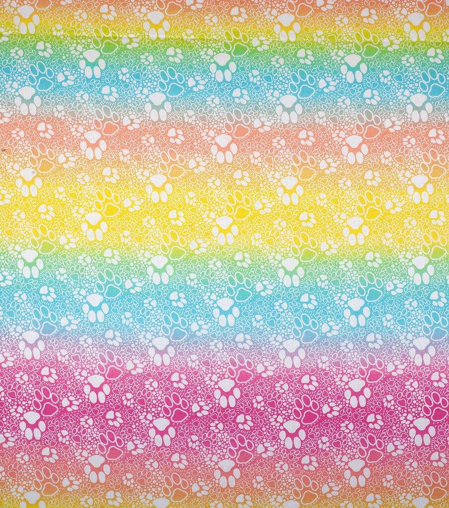 Novelty Cotton Fabric Rainbow Paw Prints