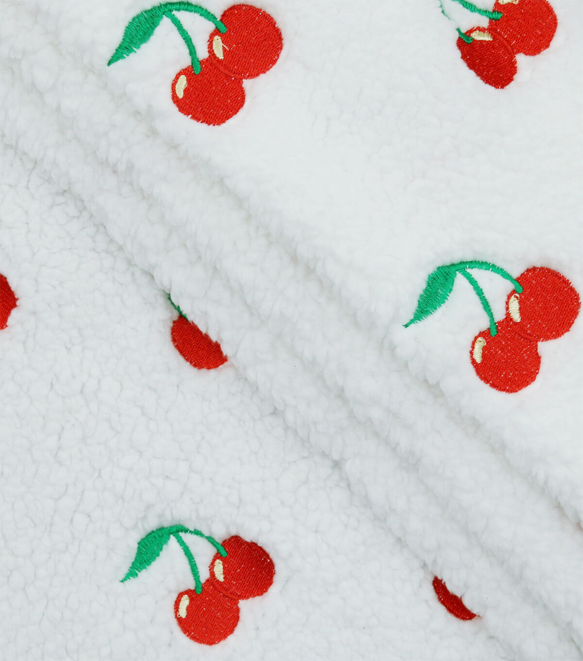 Spring Embroidered Cherries On White Sherpa Fabric