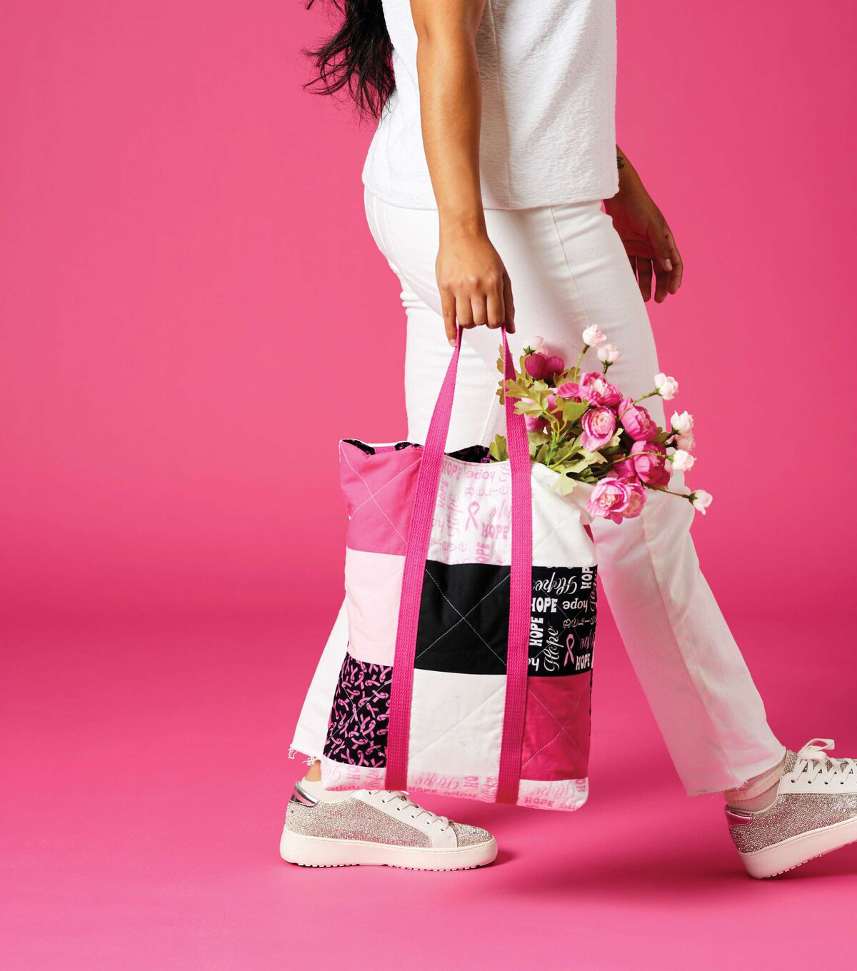 White Breast Cancer Believe & Hope Batik Cotton Fabric