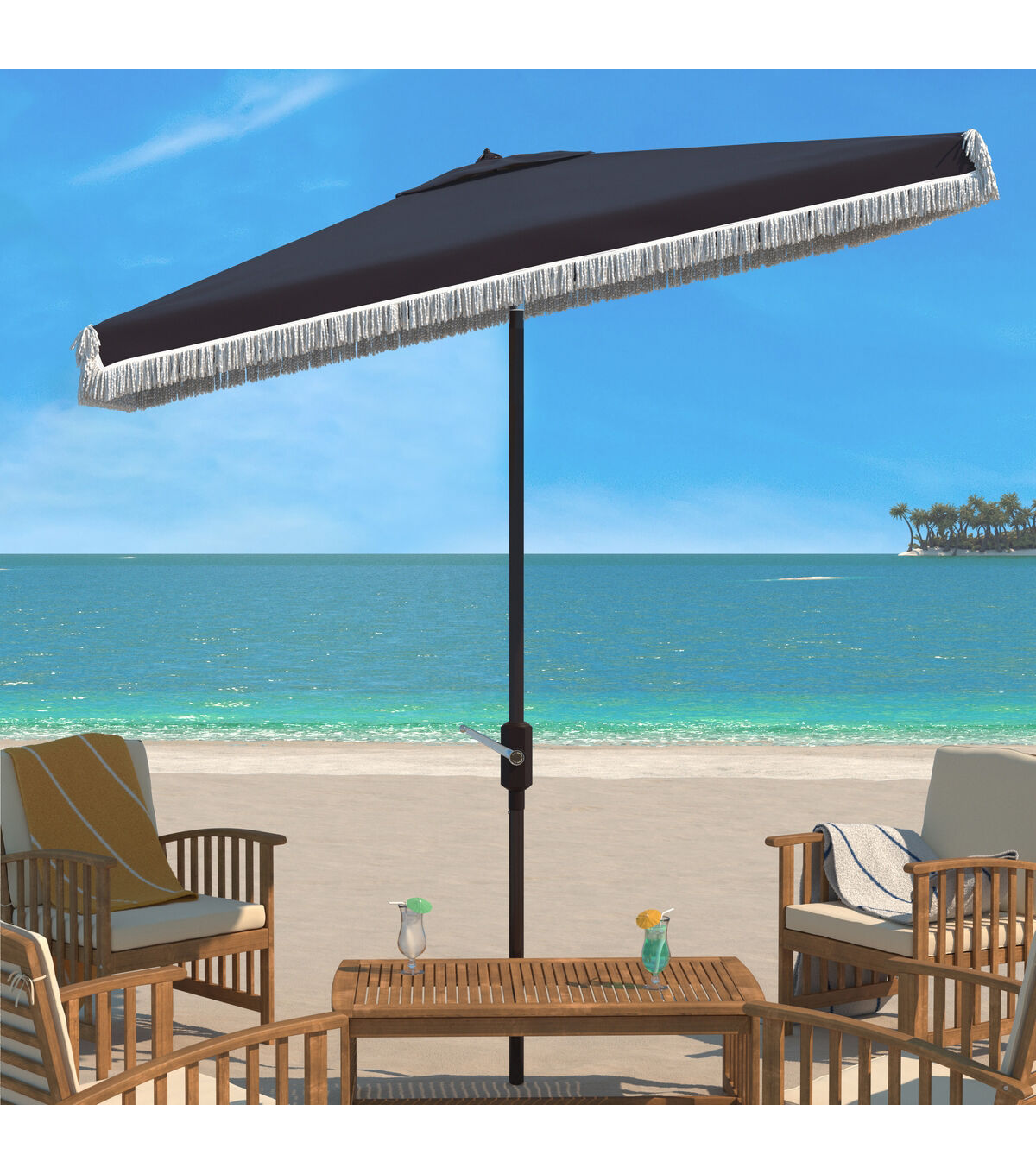 Safavieh 6.5' x 10' Navy Milan Fringe Rectangle Crank Patio Umbrella
