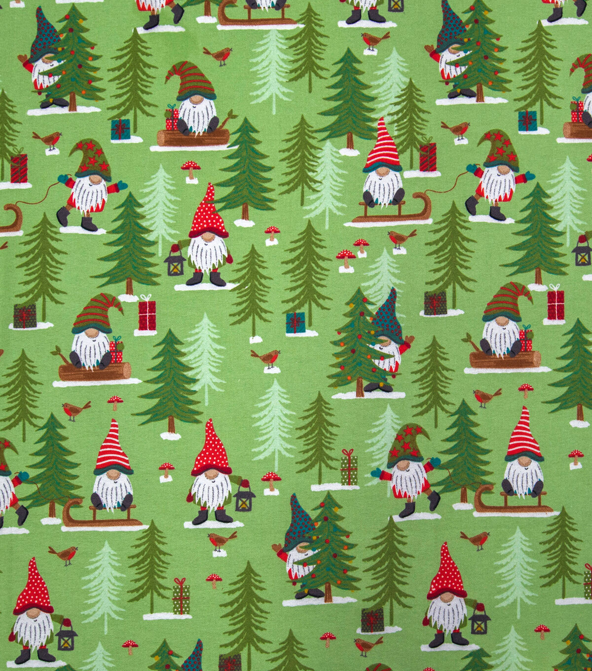 Winter Gnomes & Trees on Green Super Snuggle Christmas Flannel Fabric