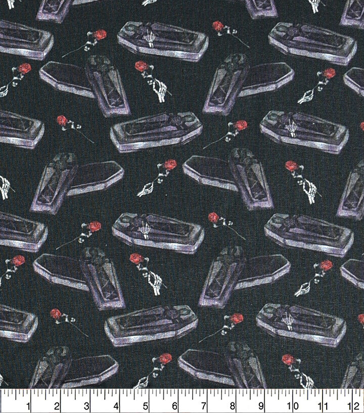 Coffins On Black Cotton Fabric