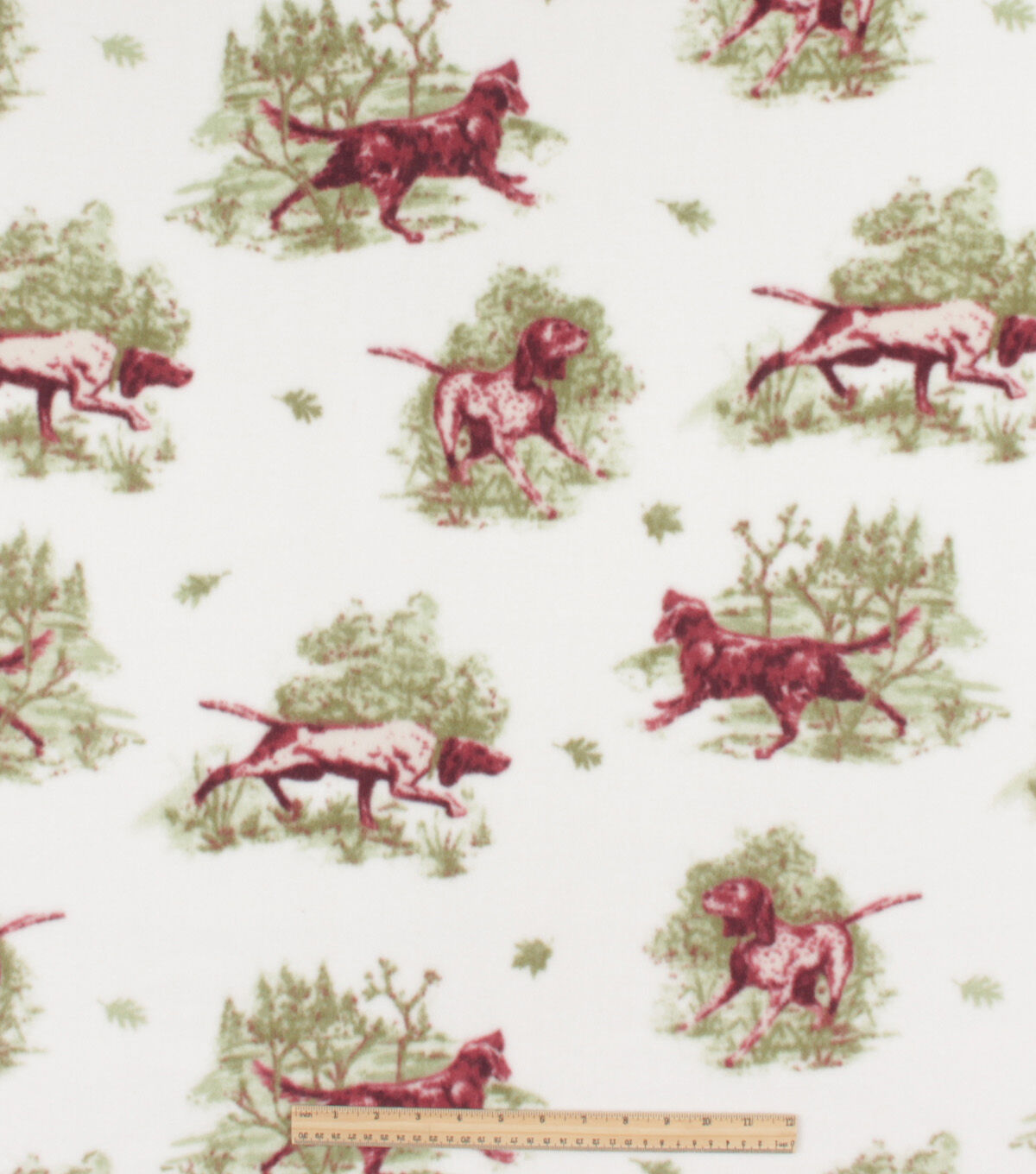 Dogs in the Leaves on White Anti Pill Fleece Fabric