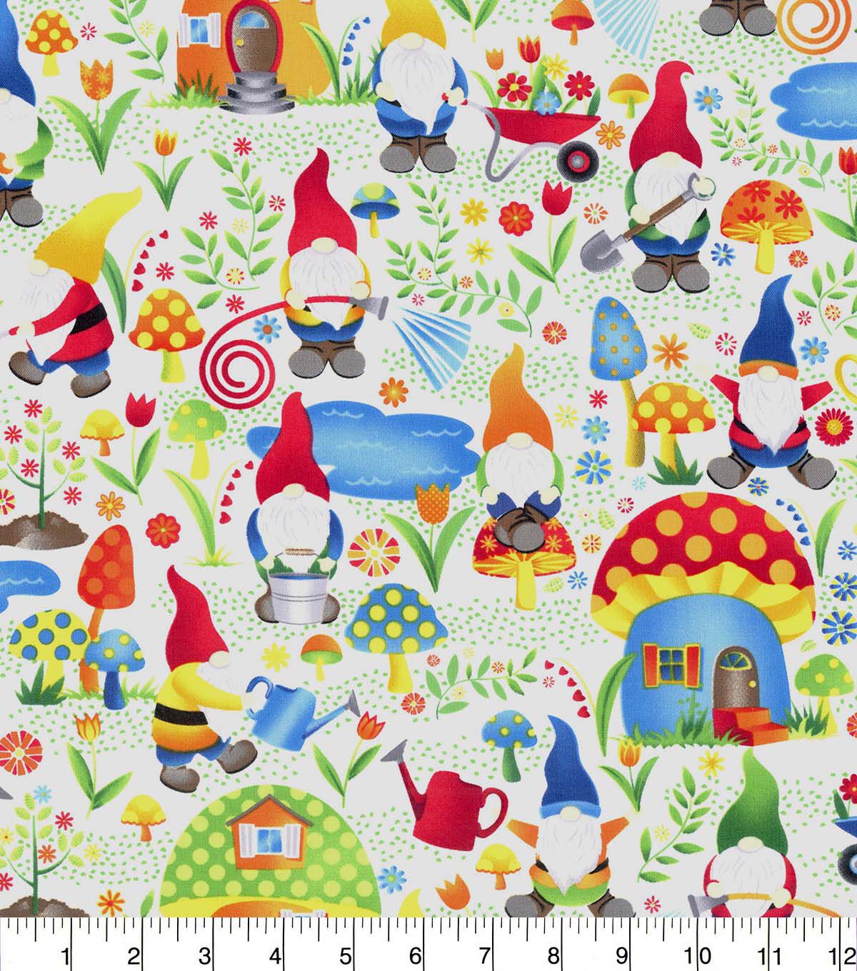 Hi Fashion Gnomes & Mushroom Village on Green Novelty Cotton Fabric