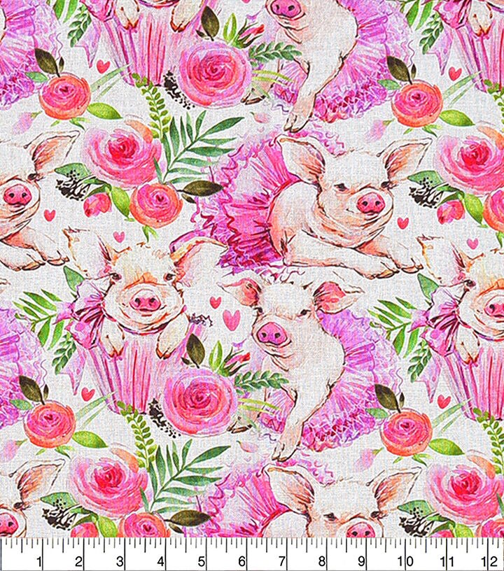 Pink Cute Piggies In Tutus Novelty Cotton Fabric