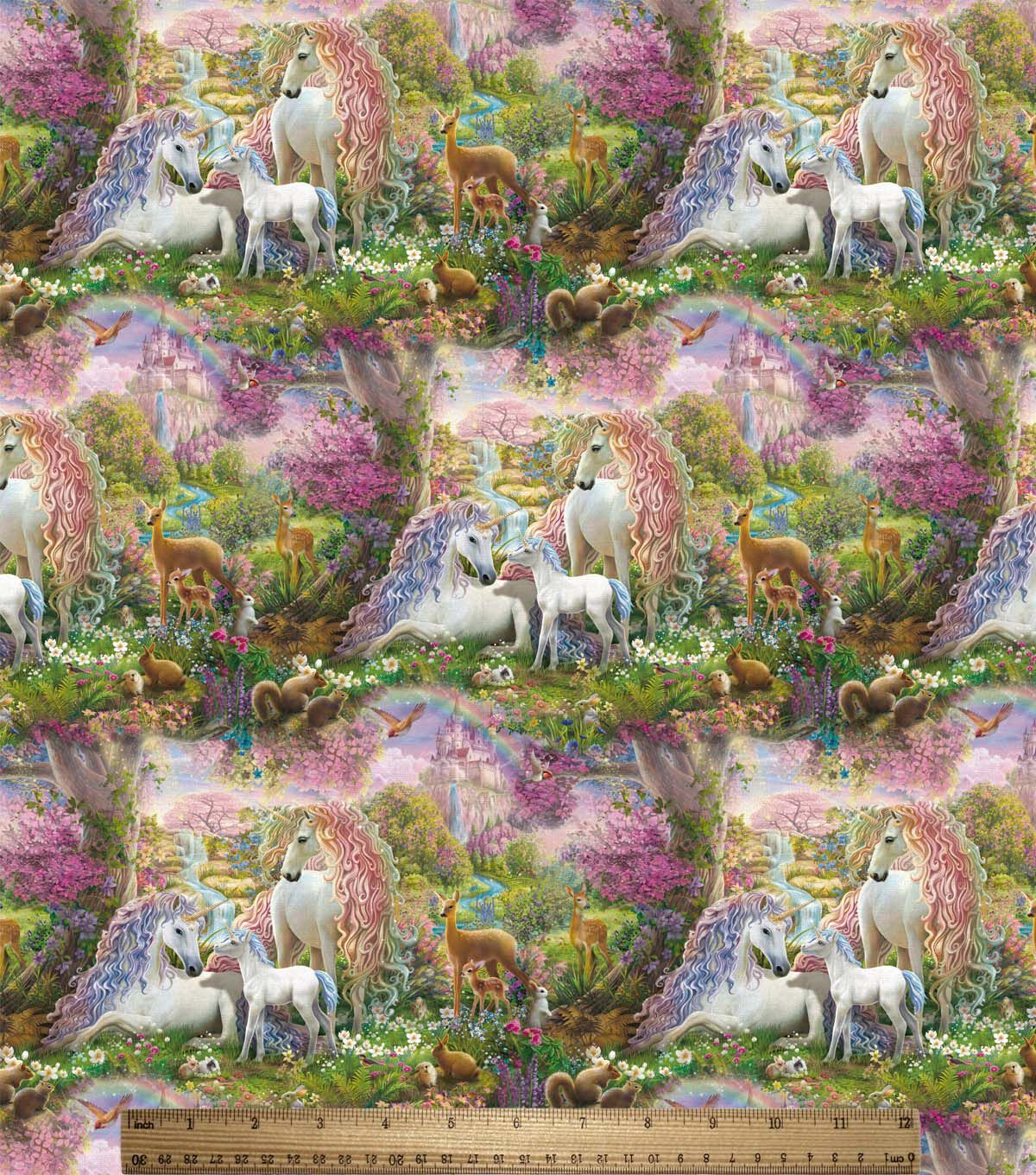 David Textiles Fairytale White Horses & Animals Novelty Cotton Fabric