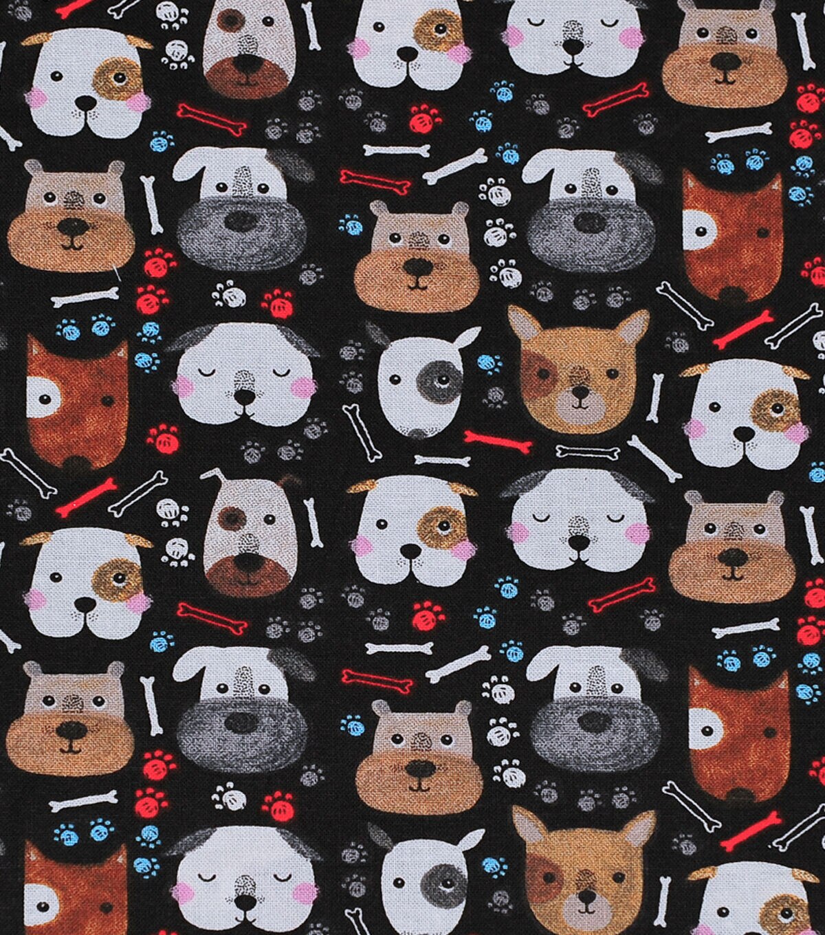 Novelty Cotton Fabric Dog Faces on Black
