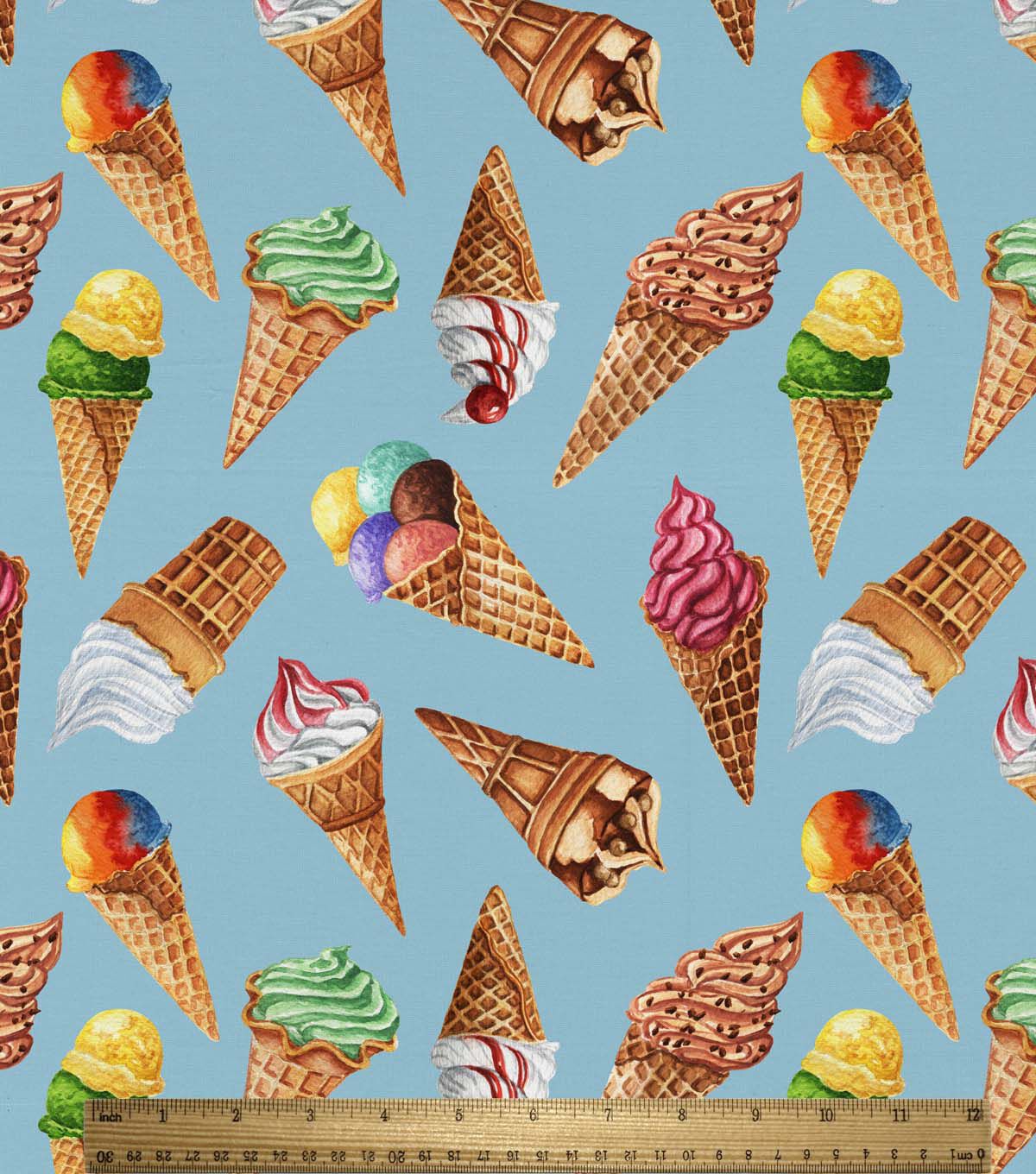 David Textiles Ice Cream Cones on Blue Novelty Cotton Fabric