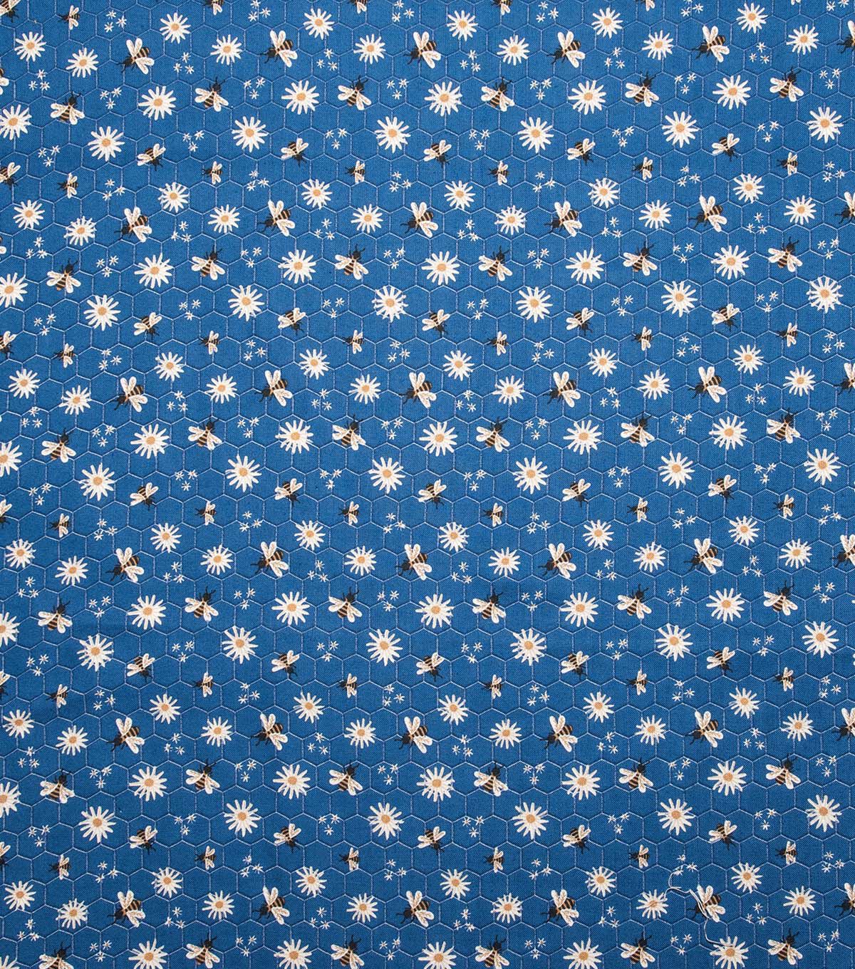 Daisies & Bees on Dark Blue Quilt Cotton Fabric by Keepsake Calico