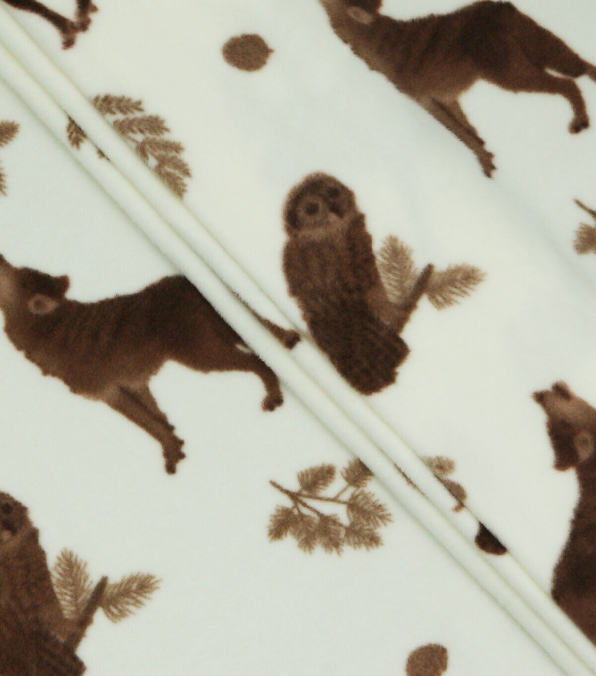 Wilderness Owl & Wolf on Brown Anti Pill Fleece Fabric