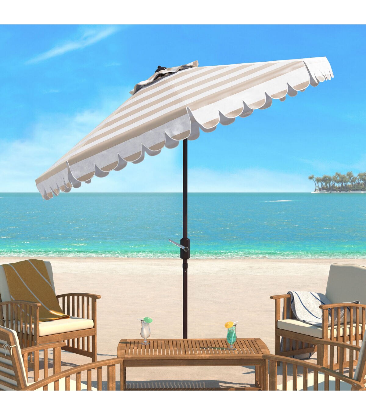 Safavieh 9' Maui Beige & White Scallop Button Tilt Patio Umbrella