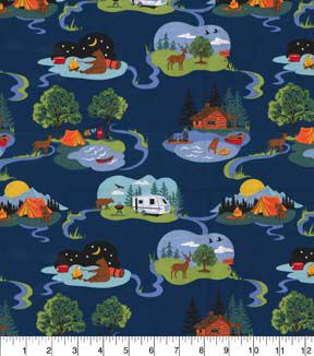 Fabric Traditions Camping Scene on Blue Novelty Cotton Fabric